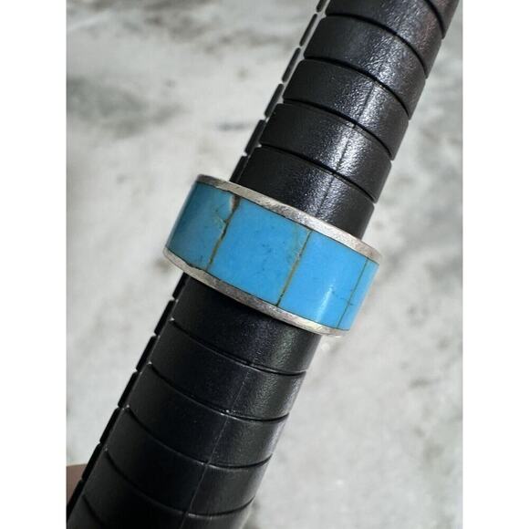 Vintage Sterling Silver Peyote Bird Signed Turquoise Inlay Ring Size 6 - Picture 8 of 10